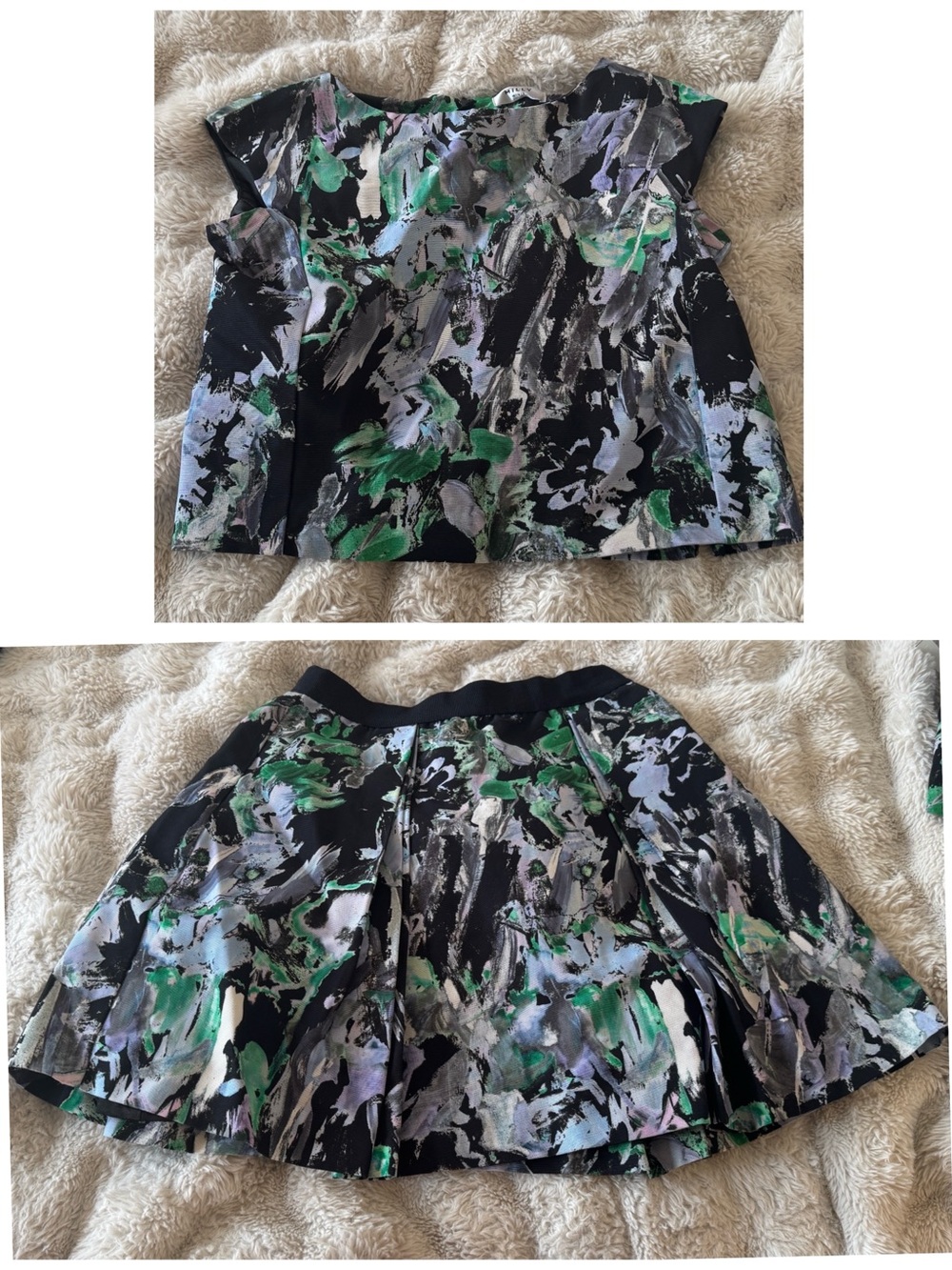 Milly Black Abstract Brushstroke Top & Skater Set with Green & Gray Accents